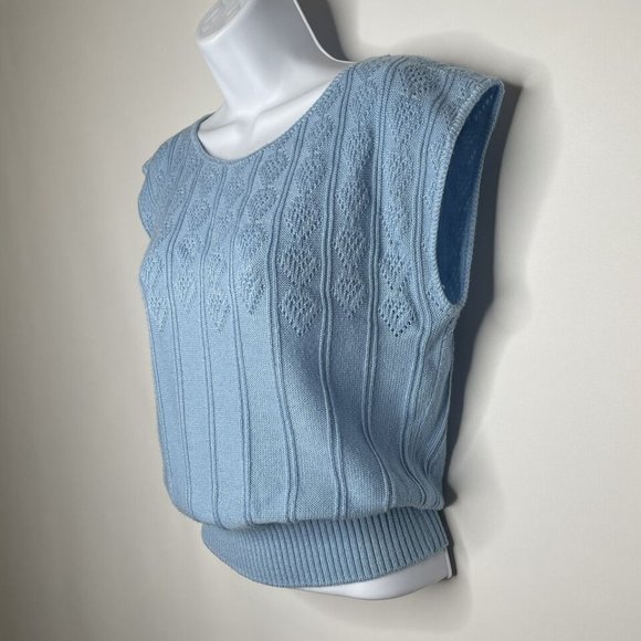 Vintage 80s Keneth Too Baby Blue Pointelle Knit Cap Sleeve Sweater - Picture 7 of 8